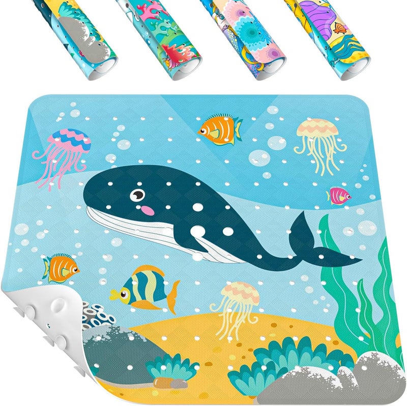HITSLAM Square Shower Stall Mat Anti Slip, Quick Dry 21x21 Inch Bathtub Floor Mat for Kids with Suction Cups and Drainage Holes, Machine Wash, Soft on Feet, Whale - Image 1